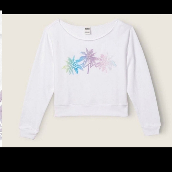 PINK Victoria's Secret Sweatshirt - White with Pastel Palm Design - Picture 5 of 7